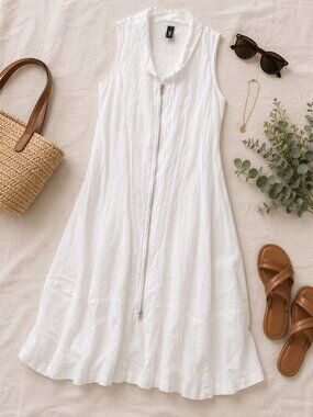 Inizio Linen Dress White Sleeveless Lagenlook Italian Made Boho Midi Dress Small